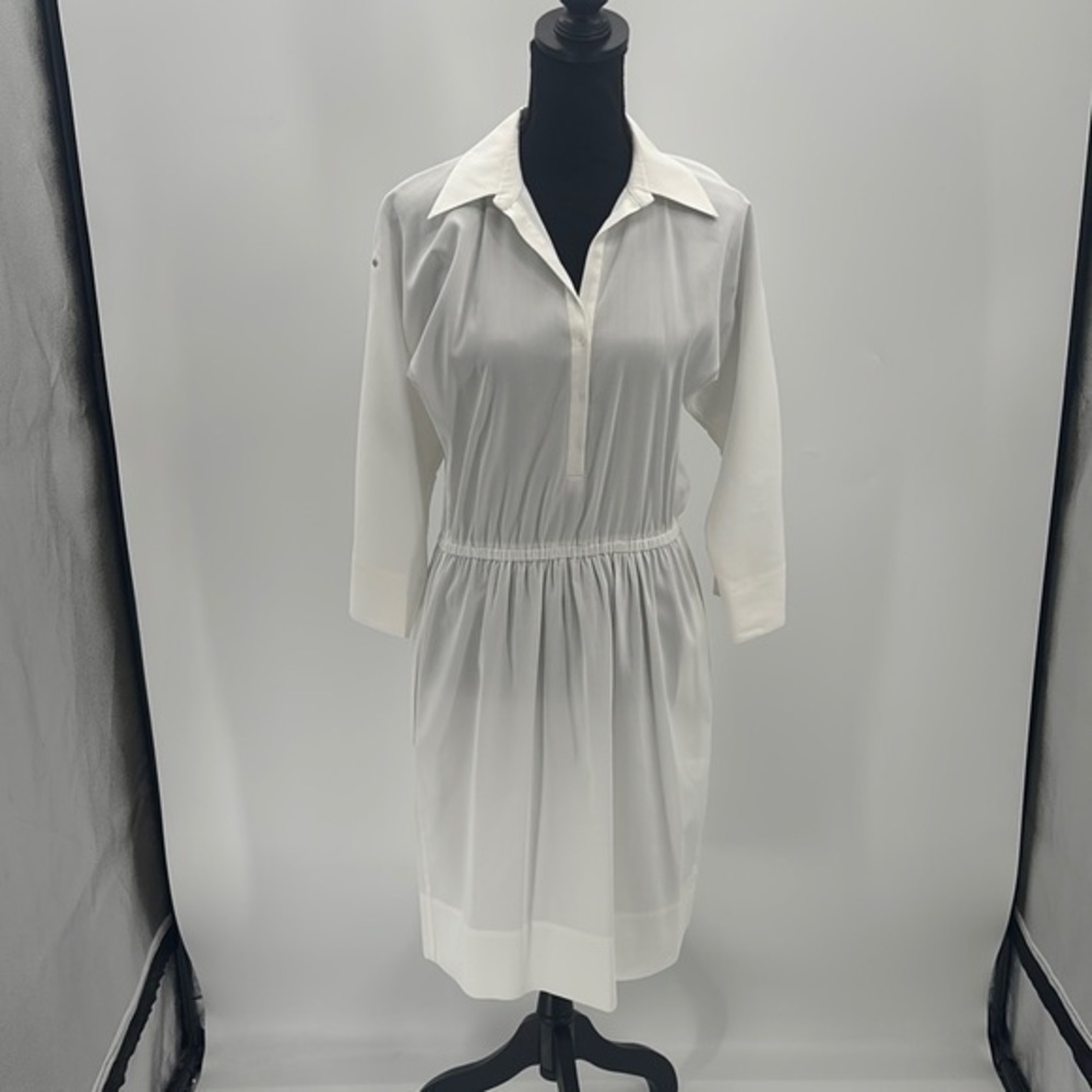 Akris White Midi Dress mid length long sleeve 100% cotton gathered  waist size 4